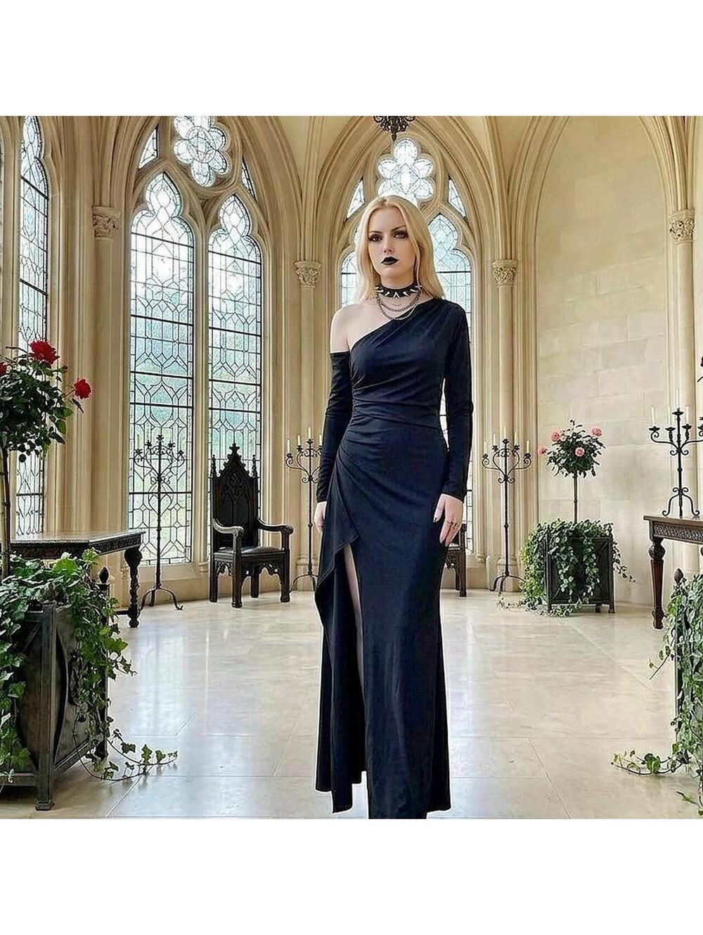 Gothic Noir One Shoulder Gown 53